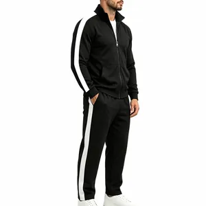 Men's black two-piece tracksuit with contrasting white side stripes and stand collar.