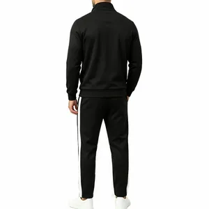 Back view of men's black tracksuit set with white side stripes and stand collar