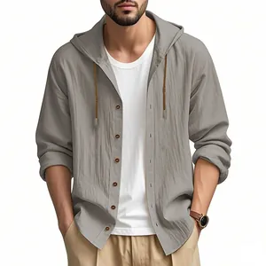 Detail of men's casual grey linen hooded shirt with drawstrings and wooden buttons