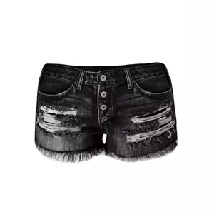Womens high-waisted distressed black denim shorts featuring frayed tassel hem and button fly