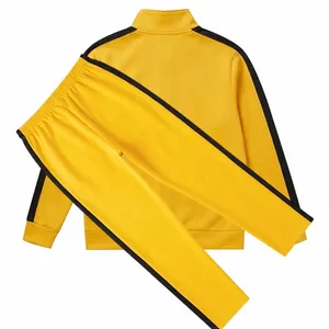 Two-piece yellow men's casual tracksuit set with black stripes and stand collar design