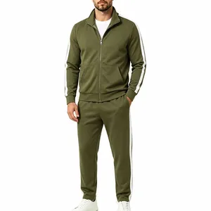 Full view of olive green tracksuit set for men with contrast white side stripes