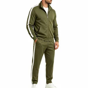 Detailed side view of men's olive green tracksuit with contrasting white side stripes