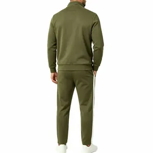 Detailed back view of men's olive green tracksuit featuring side stripe accents on pants