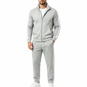 Professional men's grey leisure tracksuit set with white side stripes on model
