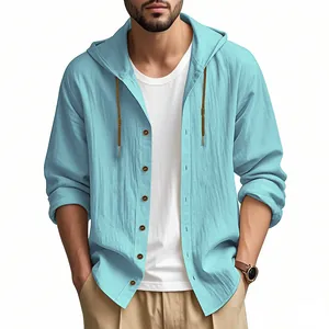 Detail view of men's light blue cotton linen hooded shirt with rustic button design
