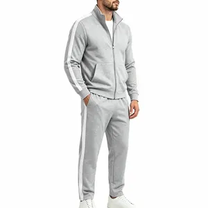 Full body view of a men's grey tracksuit featuring a zip-up jacket and matching joggers.