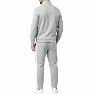 Back view of a men's grey tracksuit set featuring side stripes and a stand collar.