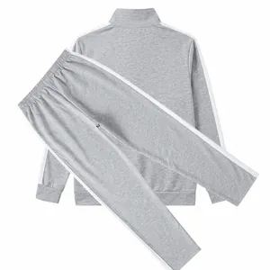 Back view of grey men's casual two-piece tracksuit set featuring side white stripes