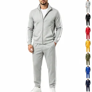 Men Sporty Contrast Stripe Tracksuit Top And Bottom Stand Collar Zipper Jacket Jogger Pants Knitted Polyester Casual Sportswear