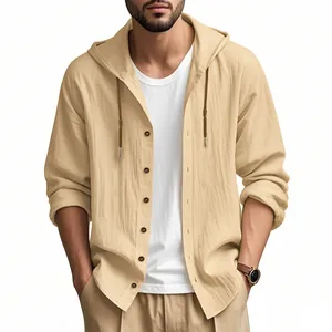 Detailed shot of breathable cotton linen men's hooded long sleeve shirt in beige