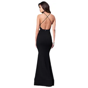 Elegant black backless evening dress with criss-cross straps and mermaid silhouette.