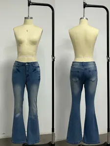 Detailed front and back views of blue mid-rise flare stretch denim jeans on a mannequin