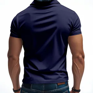Back view detail of a dark navy men's quick-dry mesh polo shirt for golf and business
