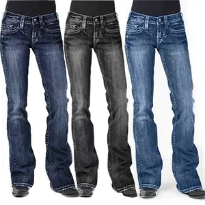 Detail view showing three color washes of women's vintage flared denim jeans in slim fit