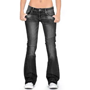 Close-up of women's slim fit black flare jeans with American retro style