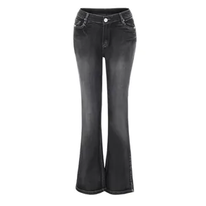 Front view detail of vintage washed black flared jeans with stretch fit for women
