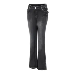 Detailed view of women's vintage washed black mid-waist flared stretch denim jeans.