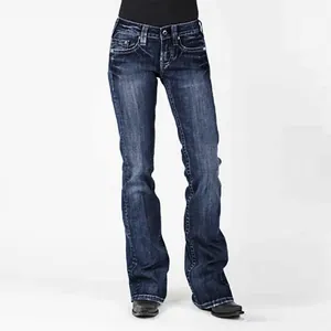 Vintage women's mid-waist flared jeans with distressed slimming bootcut fit.