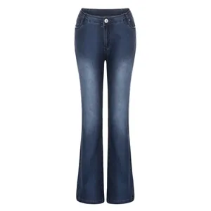 Front view of vintage dark blue flared jeans for women with faded thigh detail.