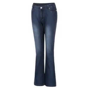 High-stretch women's vintage flare jeans in a dark blue wash shown from front