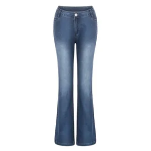 Detailed view of women vintage mid-rise blue flare jeans with distressed washed denim finish