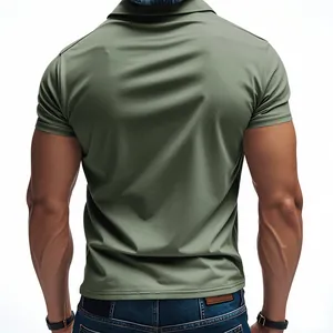Detailed back view of a men's olive green quick-dry mesh polo shirt for golf and business