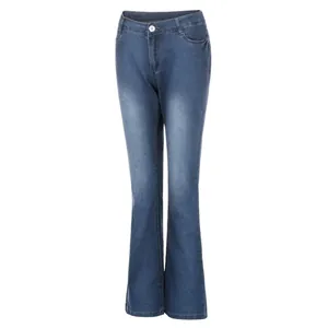 Front view of stylish vintage blue mid-rise flare jeans featuring a trendy washed denim effect