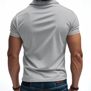 Detailed back view of men's gray quick-dry mesh polo shirt showing business casual athletic fit
