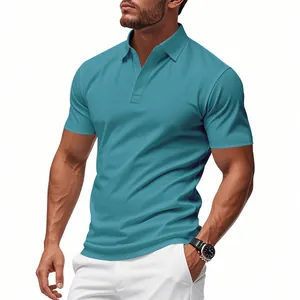 Detail view of a men's teal quick-dry business polo shirt for golf or casual wear