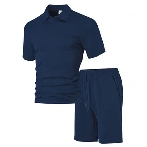 Ensemble polo et short bleu marine texturé pour homme deux pièces été
