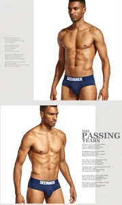 Detail view of SEEINNER men's navy blue combed cotton briefs with U-pouch design