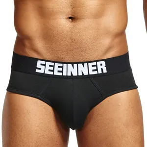 Classic black men's combed cotton briefs with white logo waistband and U-pouch design
