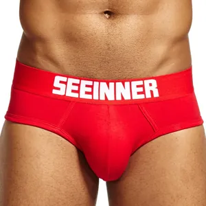 Men's red breathable combed cotton briefs with SEEINNER waistband and U-pouch design