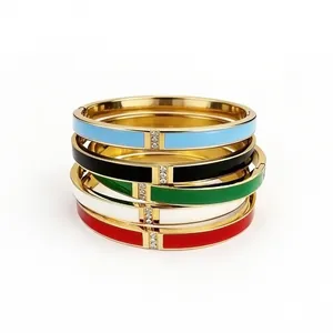 Set of five colorful 18K gold-plated stainless steel enamel bangles with jeweled accents