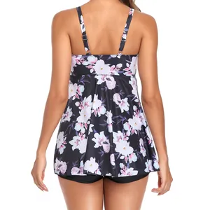 Detailed back view of a women's floral print plus size two-piece tankini swimsuit