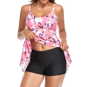 Close-up detail of plus size floral print tankini set with black boyshorts swimwear