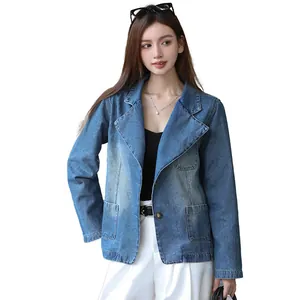 Veste blazer en jean tendance pour femme avec revers décontracté et détails de poches