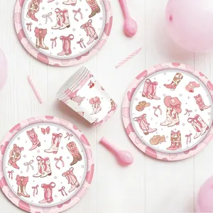 Pink cowgirl theme party supplies disposable paper plates and cups set