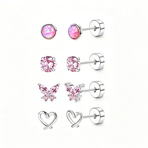 Detailansicht von 4 Paar rosa Schmetterling Herz Edelstahl Flat Back Helix Ohrringe Set