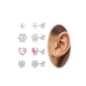 Detailansicht von 4 Paaren Set: Blume, Herz, Perle und Kristallkugel flache Ohrstecker.