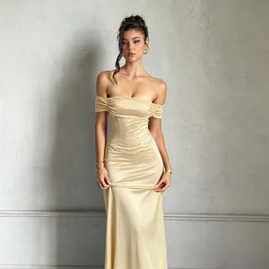 Robe Longue Moulante Sexy à Col Bateau pour Femmes Dos Nu Plissé en Satin Robe de Soirée pour Fête Mariage Formel