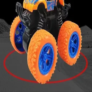 Λεπτομερής λήψη του παιχνιδιού monster truck 4WD με ανάρτηση και πορτοκαλί ελαστικά