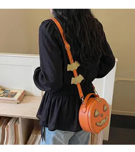 Back view of a model wearing a creative orange pumpkin crossbody bag for Halloween