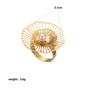 Detailed view of a gold stainless steel floral ring with pearl and size specifications.