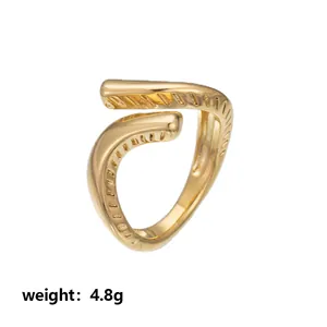 Close-up of a gold-toned stainless steel geometric open ring with grooved details.