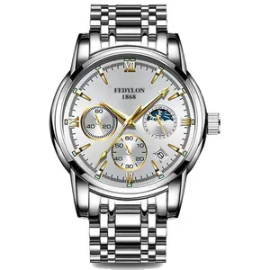 FEDYLON herenhorloge van roestvrij staal met zilveren wijzerplaat en gouden accenten