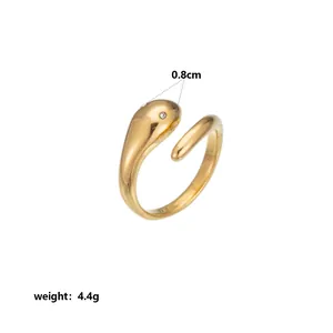 Detailed view of a gold stainless steel geometric ring with weight and size labels