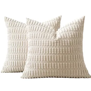 Set of 3 cream corduroy throw pillow covers with wheat ear textured stripe pattern
