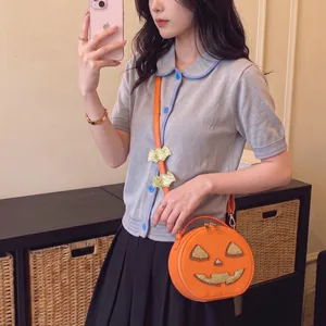 Halloween Creative Pumpkin Shape Crossbody Bag For Women Funny Orange PU Leather Shoulder Bag With Bat Decoration Large Capacity Party Handbag